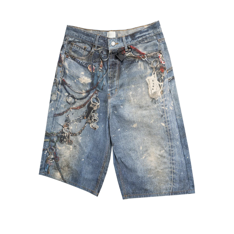 MIJKO 3D Print Patchwork Baggy Jeans Shorts for Men Streetwear New Summer Wide Leg Patchwork Casual Loose Knee Length Pants Oversized