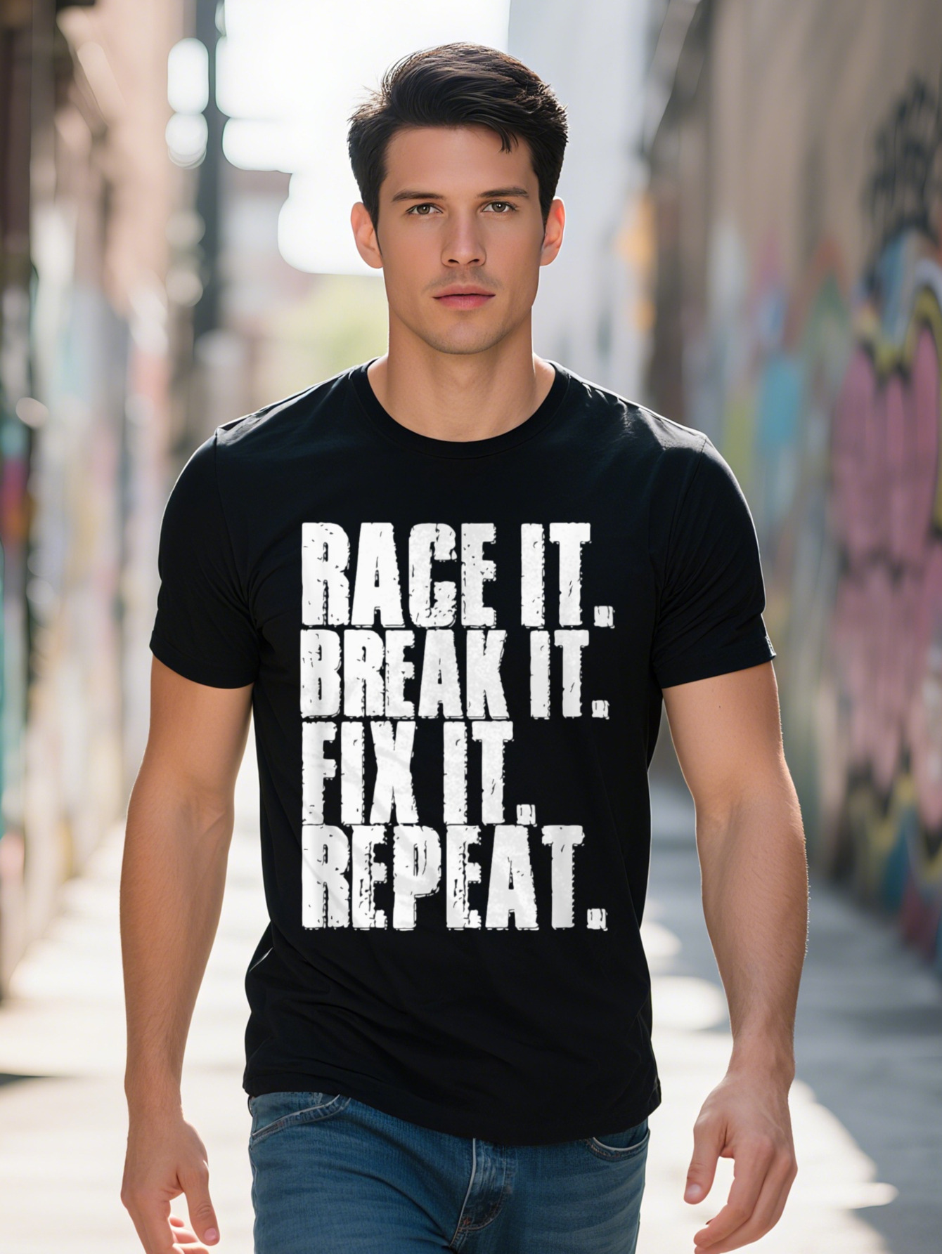 Men s Race Break Fix It Repeat Cotton Tee g Black with Distressed Print Casual Crew Neck Short Sleeve T Shirt