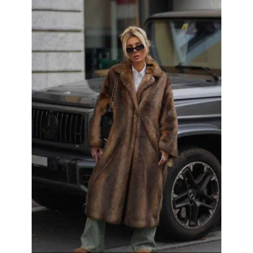 Plush Lapel Collar Trend Oversized Faux Fur Coat Full Sleeves Warm Loose Jacket New Winter Elegant Long Overcoats 2025