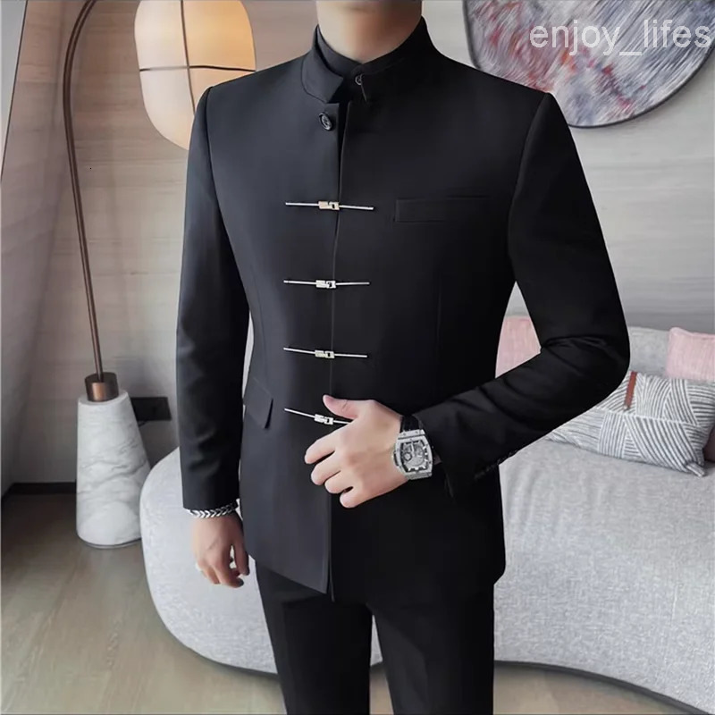 Chinese Style Stand Up Collar Suit Jacket for Men High Quality Mens Slim Fit Casual Social Wedding Dress Coat Mens Clothing