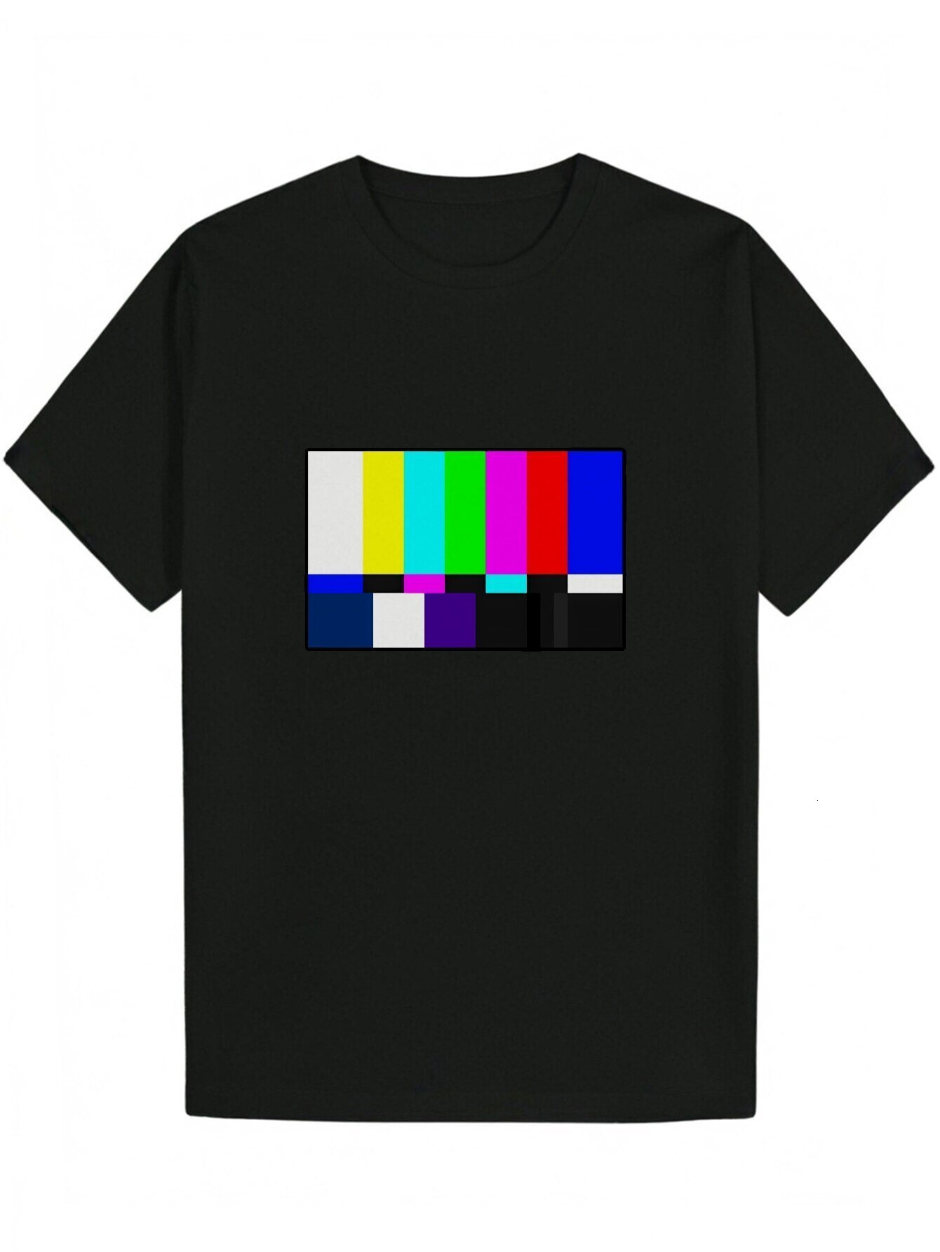 Men's Summer T-Shirt with Colorful TV Test Pattern - Black Polyester, Crew Neck, Regular Fit, Casual T-Shirt|Playful Printed Top|Elastic fabric