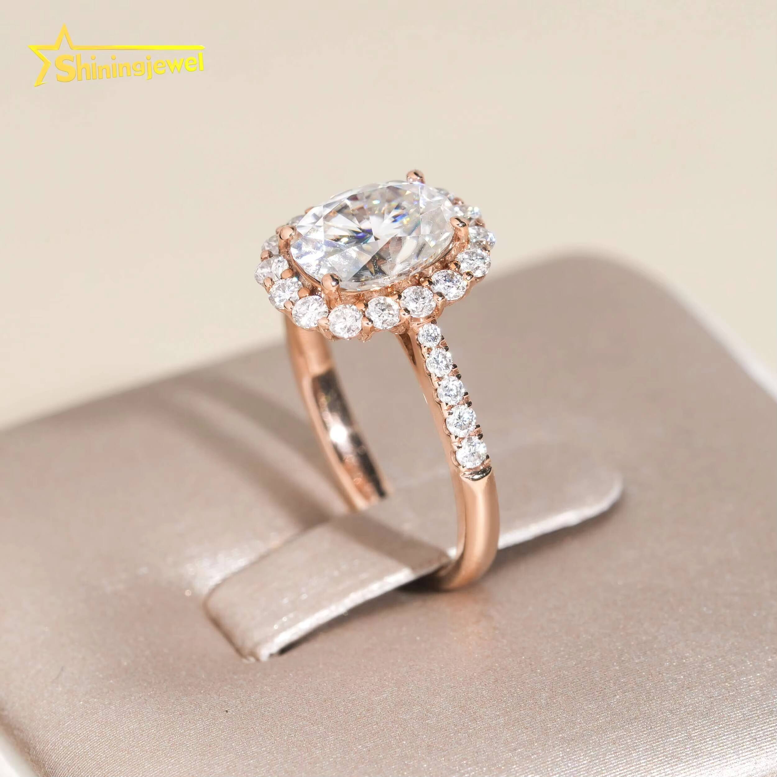 14K Solid Gold Women Ring Halo Rings Oval Cut Moissanite Engagement Rings for Women Pass Diamond Tester