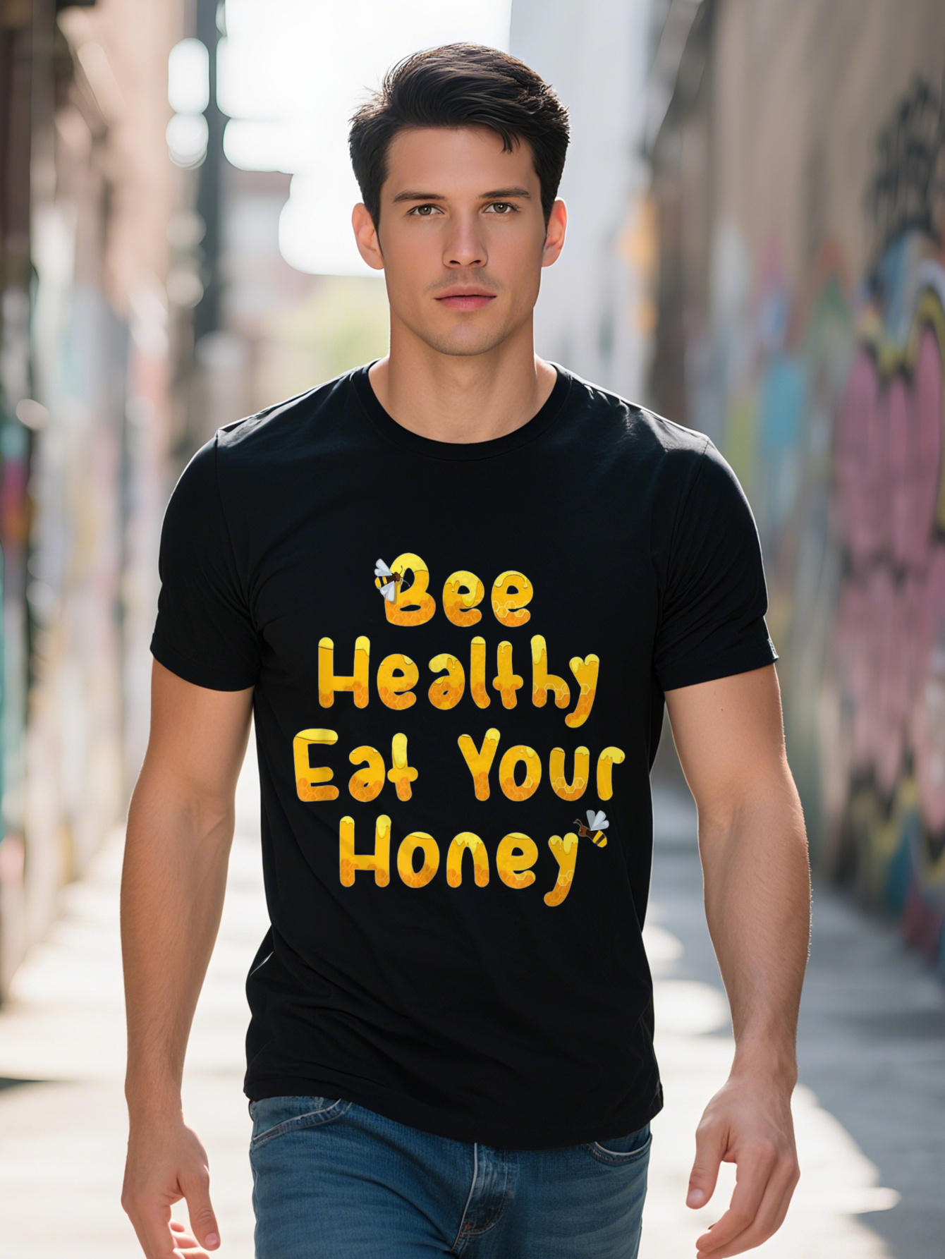 Men's 100% Cotton T-Shirt - Health, Eat Your Honey Funny Gift, Black Yellow Print, All-Season Casual Crew Neck T-Shirt, Lover Gift Cartoon Bee Gr