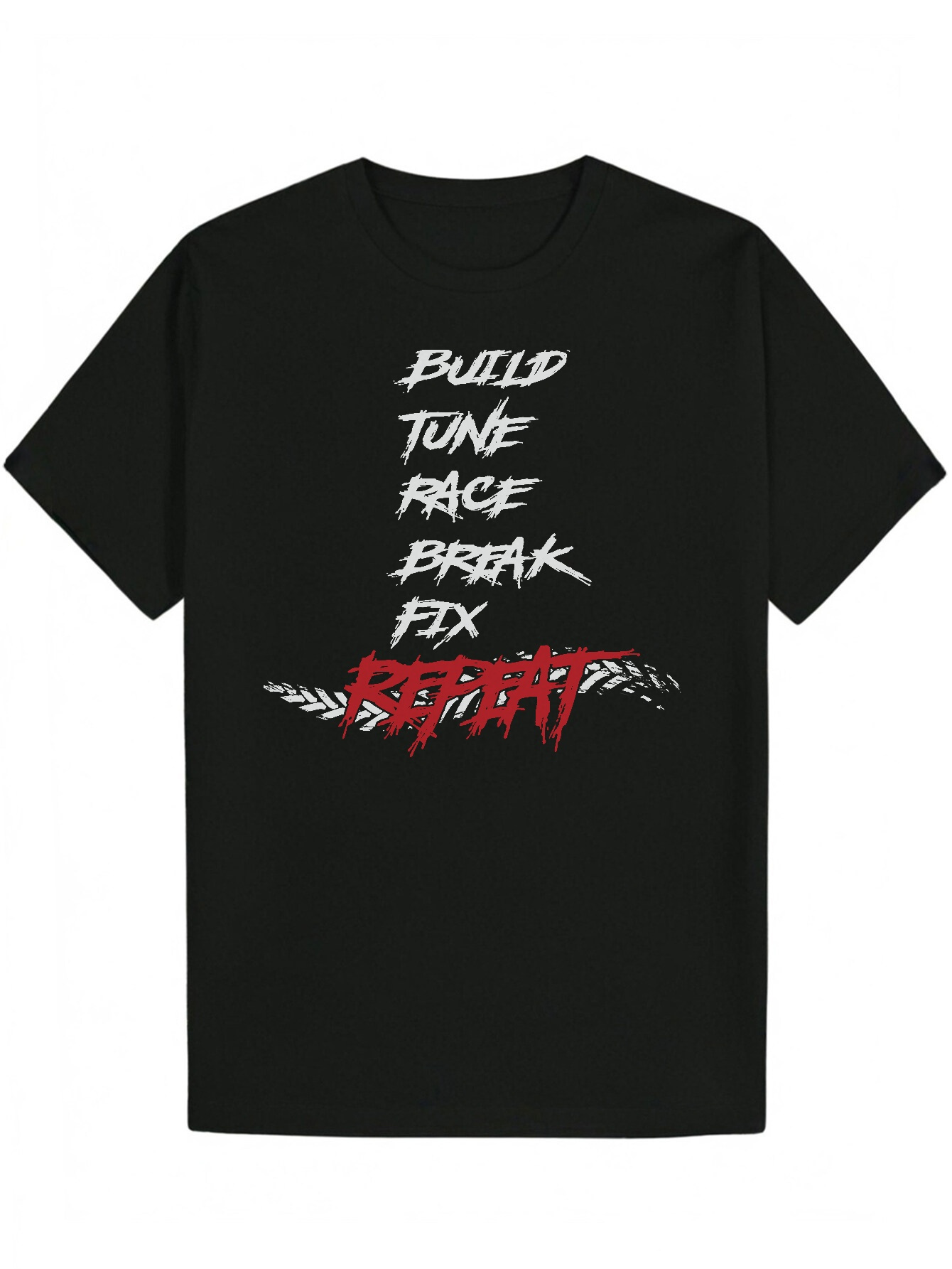 Men's Summer Casual Pattern T-Shirt - BUILD TUNE RACE BREAK FX RT Deformation Print, Black with White and Red Letters, Polyester Fiber, Crew Neck
