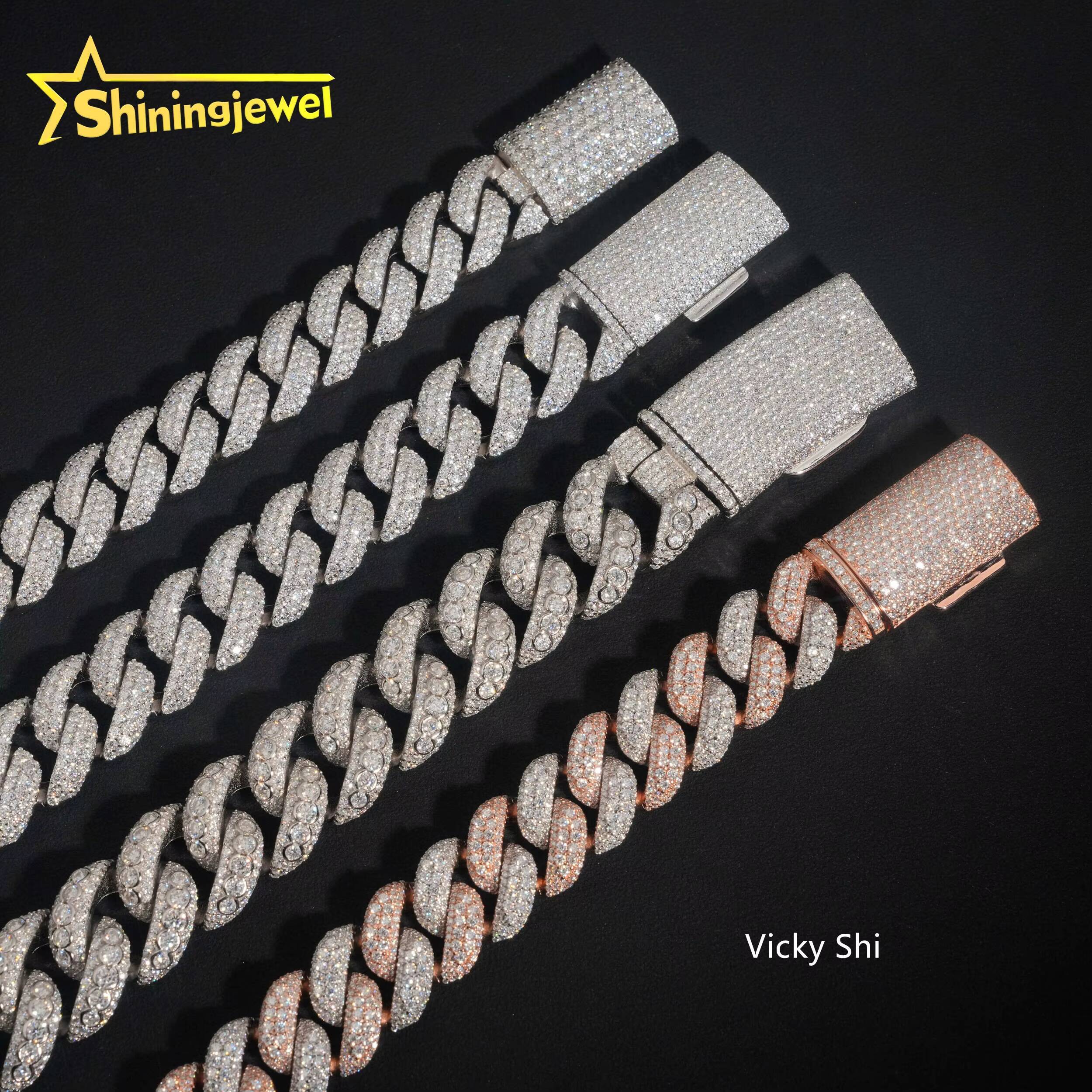Iced Out 925 Silver 16mm 18mm 20mm Width Moon Shape VVS Moissanite Cuban Link Chain Men Hip Hop Jewelry Fashion Chains Necklaces