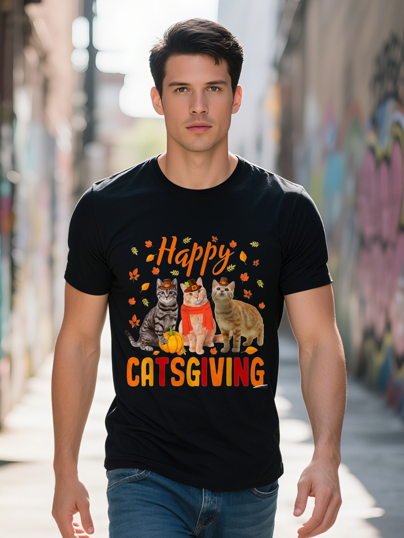 Happy Catsgiving Cute Thanksgiving Cat Wears Pilgrim Hat T Shirt Cotton g