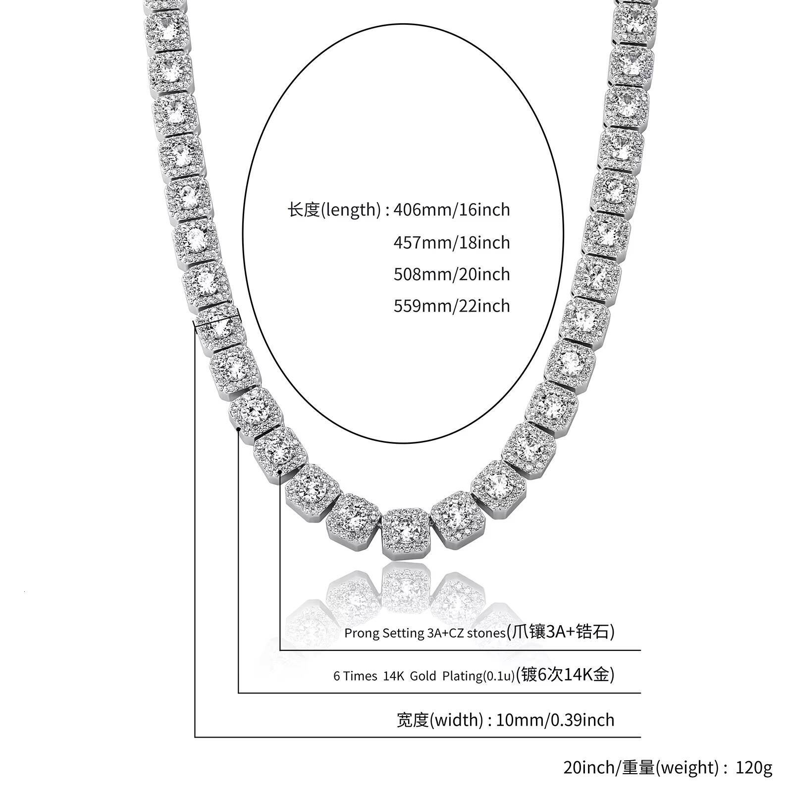 Wholesale Hip Hop Necklace 10mm Zircon Brass Cube Sugar Diamond Tennis Bracelet Necklace