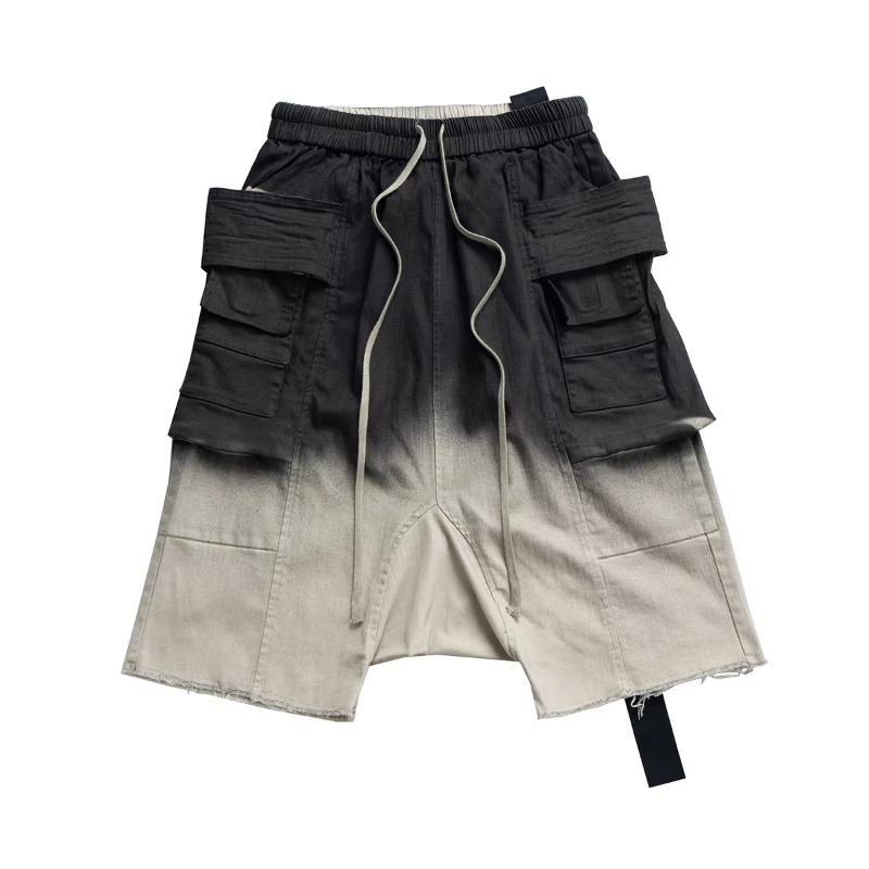 MIJKO Ro Ribbons Gradient Color Washed Double Loop Hanging Crotch Harem Pants for Men Pockets Summer Drawsting Shorts Oversized