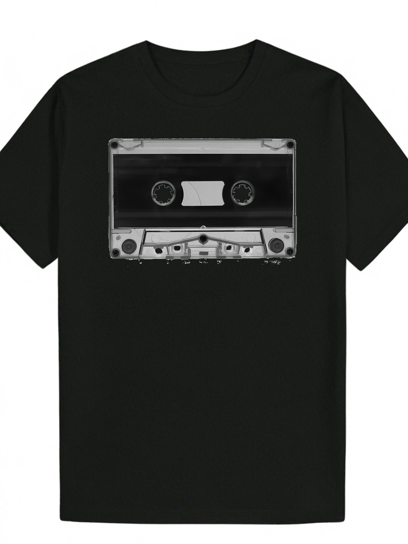 Men's Summer Short Sleeve T-Shirt - Cassette Tape Pattern Print, Black Polyester Crew Neck T-Shirt, Breathable and Machine Washable, Suitable for