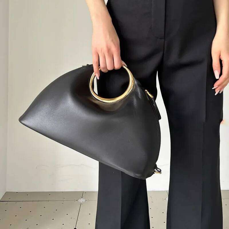 Metallic Round Handle Handbag Designer Evening Bags For Women Soft PU Leather Shoulder Bag 2025 Half Moon Cloud Clutch