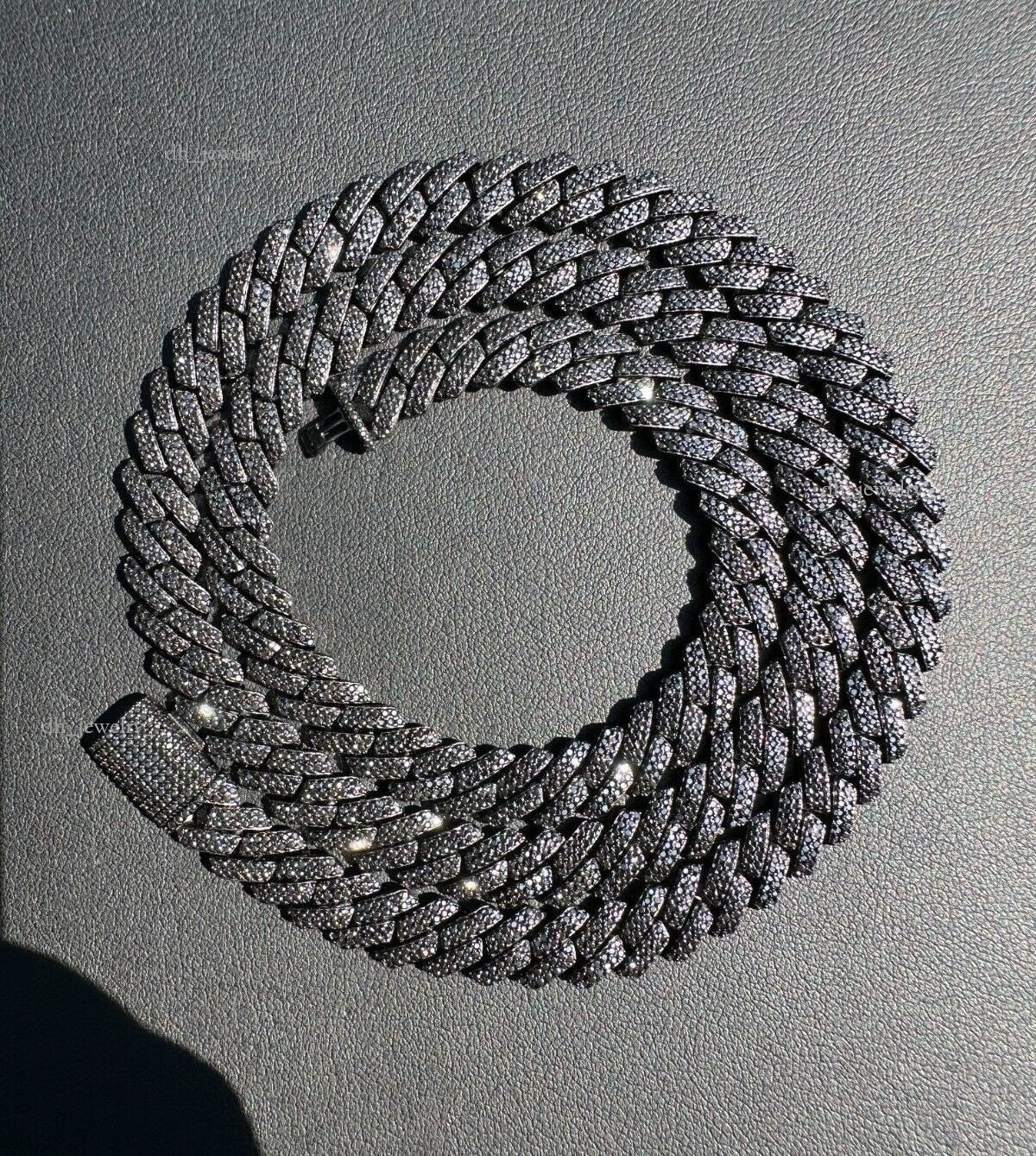 MOISSANITE Prong Cuban Link Chain Necklace Black Rhodium Over Sterling Sier 15mm Width PASSES DIA Tester