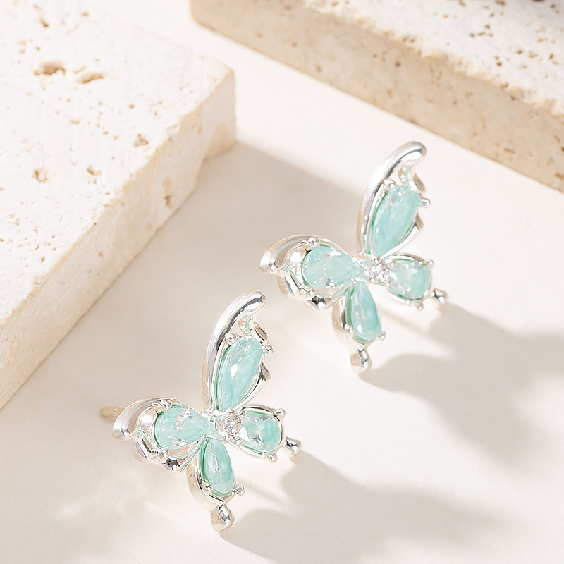 Sier Needle Sweet Versatile Fresh Ice Crystal Zircon Butterfly for Women High-end Light Niche Minimalist Style Earrings