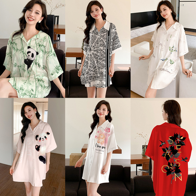 High - quality new style ice - silk turn - down collar cardigan for women's wear. Loose silk pajamas and home clothes for casual women.