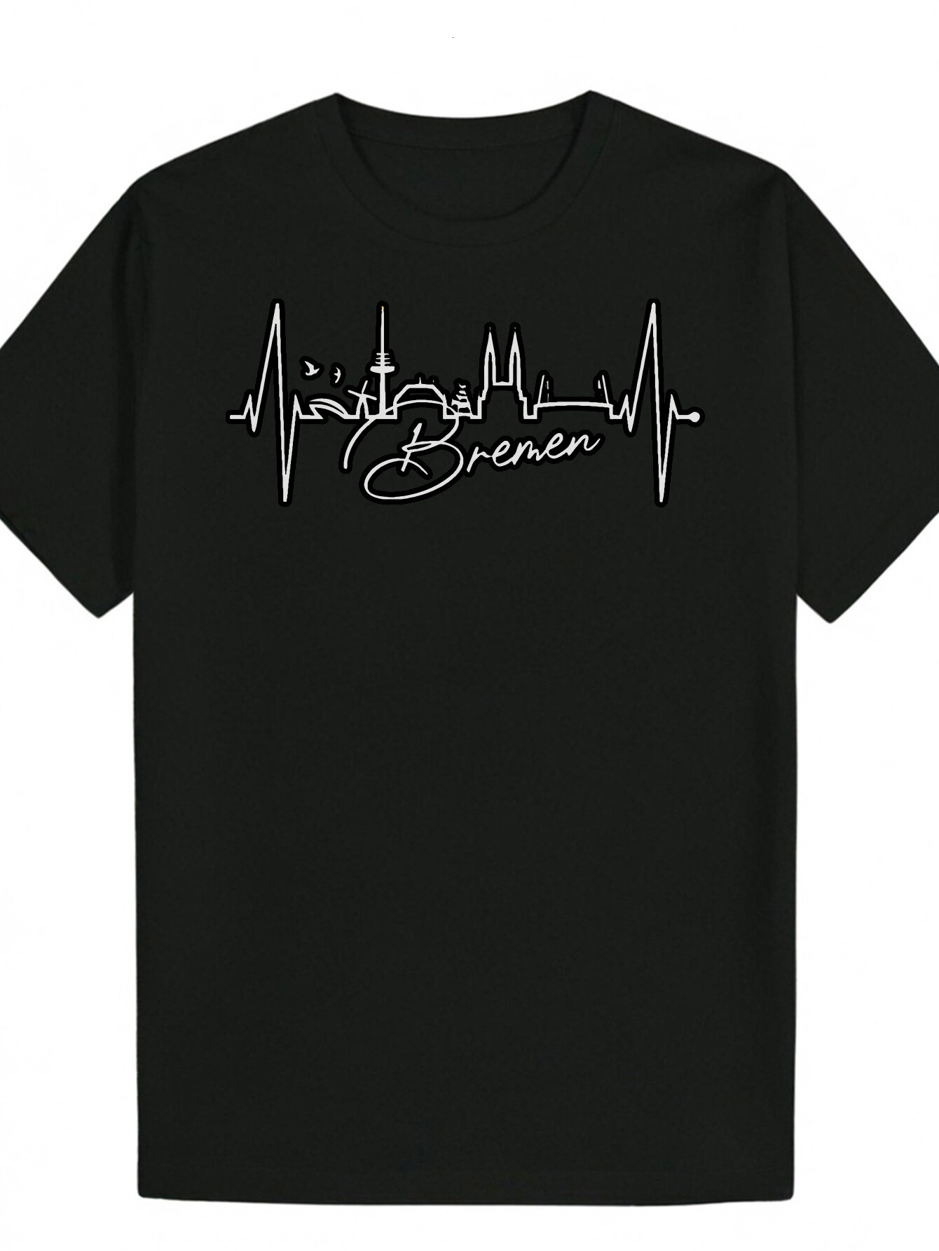 Men's Summer Casual Graphic T-Shirt - Black City Skyline and Heartbeat Design, Breathable Polyester, Regular Fit, Machine Washable, Comfortable f