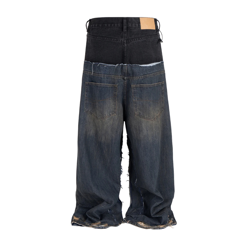 MIJKO CUT-UP Double-layer Double Waist Patchwork Baggy Jeans for Men and Women Straight Casual Loose Denim Trousers Oversized