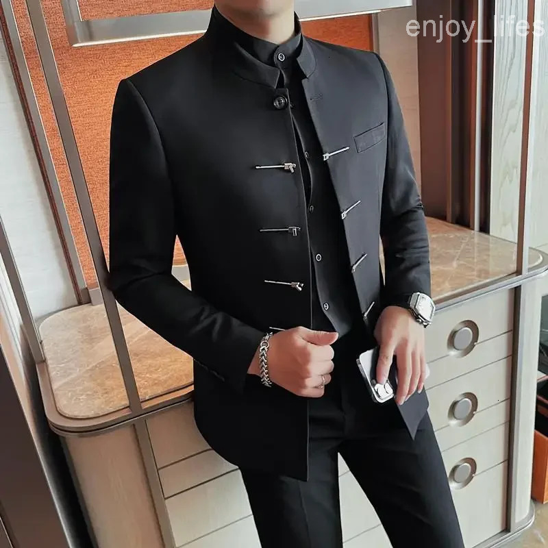 Chinese Style Stand Up Collar Suit Jacket for Men High Quality Mens Slim Fit Casual Social Wedding Dress Coat Mens Clothing