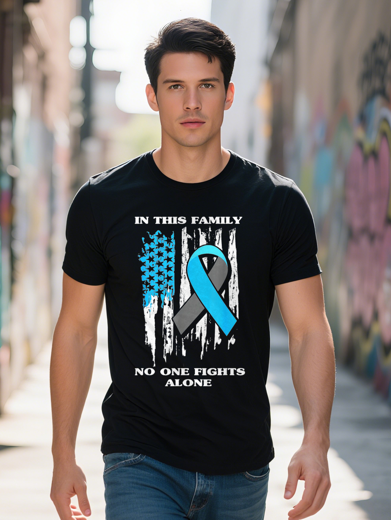 1pc Men's Casual Crew Neck T-Shirt, 100% Cotton, Type 1 Diabetes T1D Awareness American Flag Print, Short Sleeve, All Seasons, Regular Fit, Digit