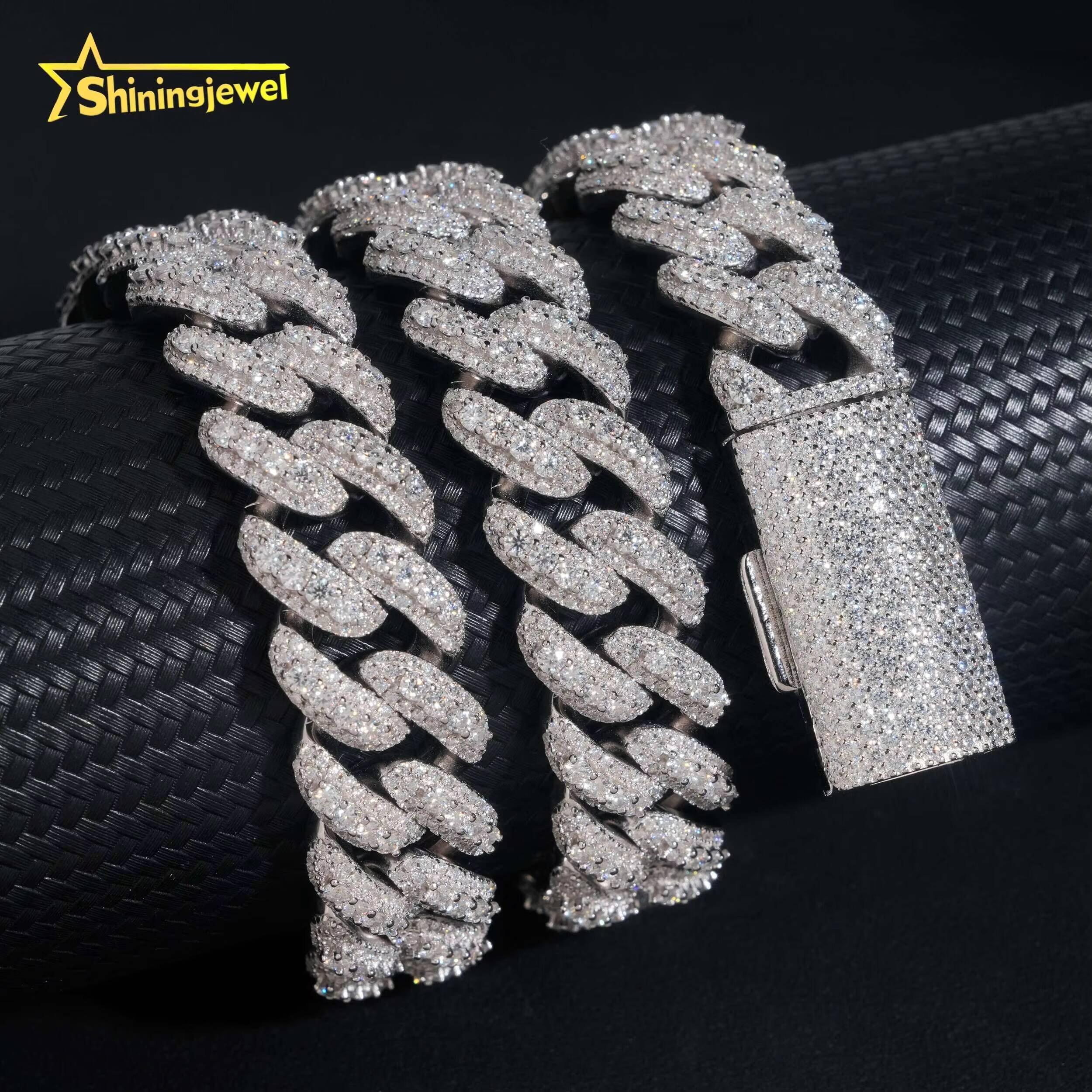 Rise Iced Out Moissanite 16mm Cuban Link Chain S925 Gold Plated Pass Diamond Test VVS Moissanite Diamond Hip Hop Chain