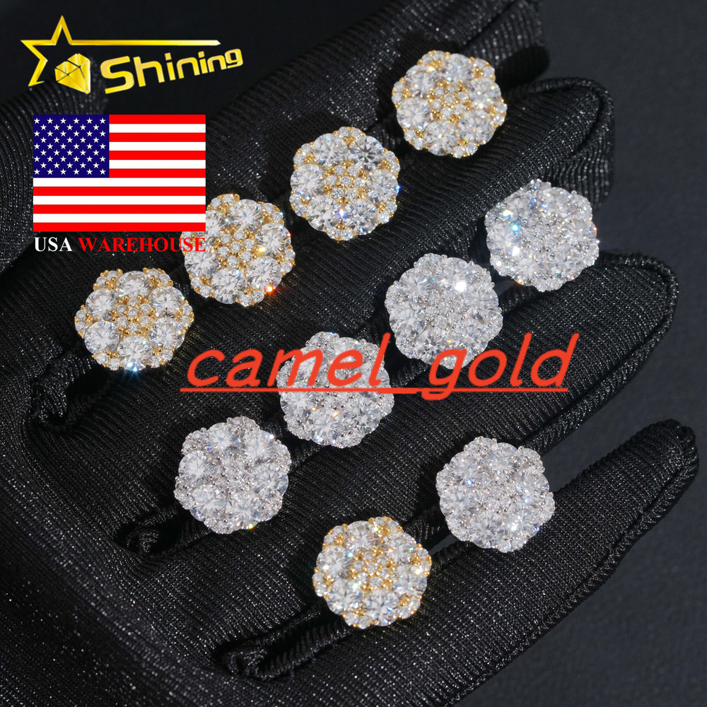 Hip Hop 925 Sterling Silver Men Women Cluster Earrings Iced Out Flower Moissanite Stud Earrings USA Warehouse Fast Delivery