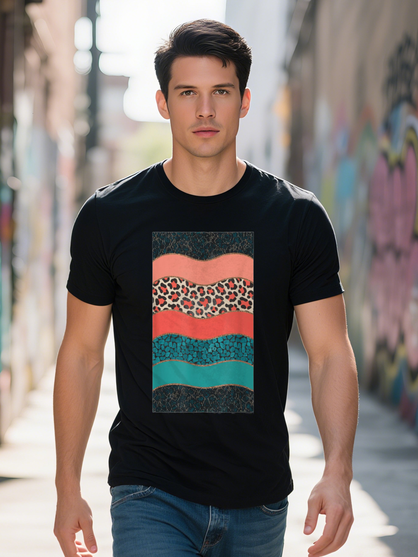 Men S Serape Bohemian Cheetah Turquoise Cow T-Shirt Cotton Short Sleeve Crew Neck Regular Fit All Seasons