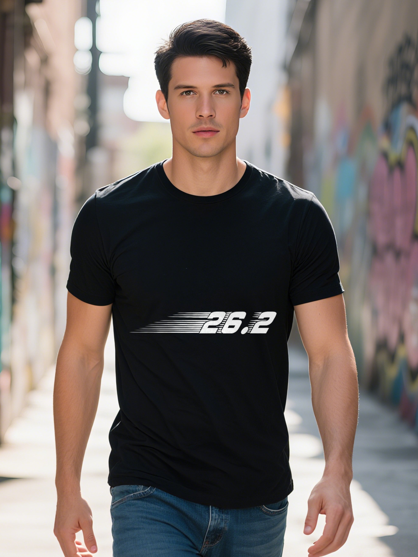 Men s Marathon Finisher T Shirt Graphic Cotton Casual Black Tee with White Print, Washable Round