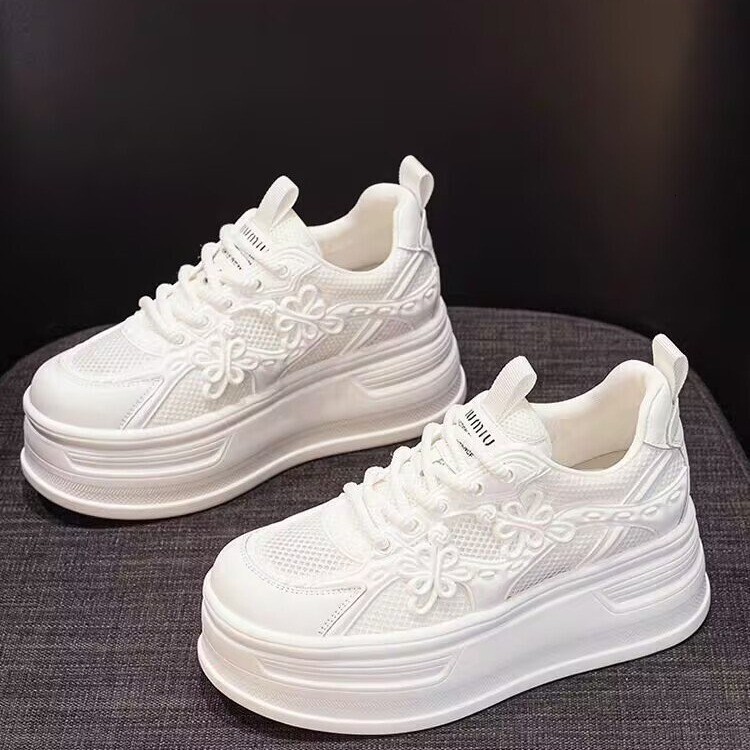 Breathable Genuine Leather White Sneakers for Women 2025 New Summer Thin Fashion Versatile Height-Increasing Thick-Soled Platform Mesh Shoes ddmythur