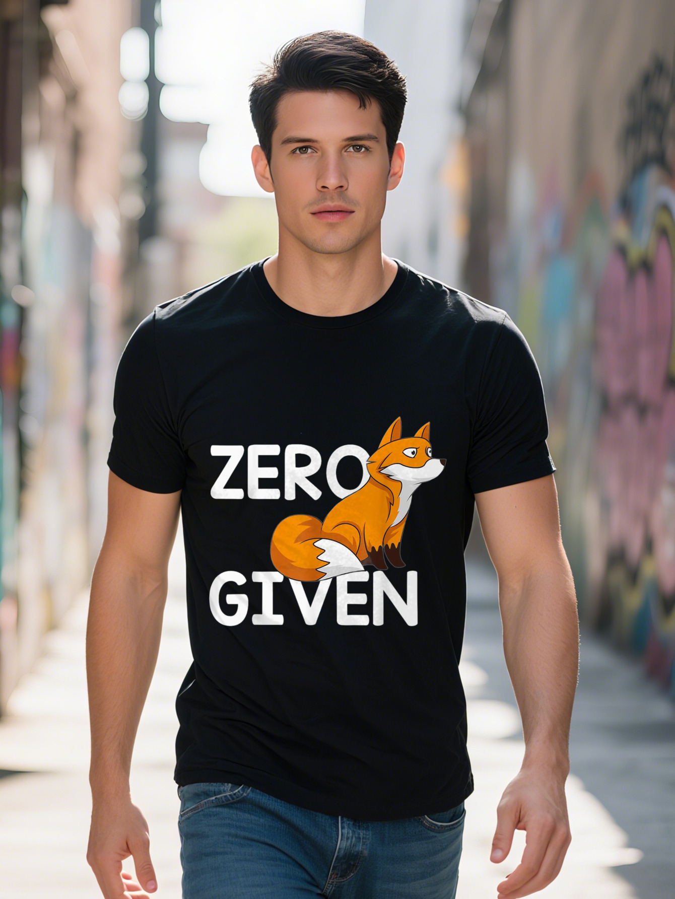 Men s Zero Given Graphic Tee Cotton Short Sleeve Crew Neck Funny Cartoon Fox Design, Washable, Ideal for