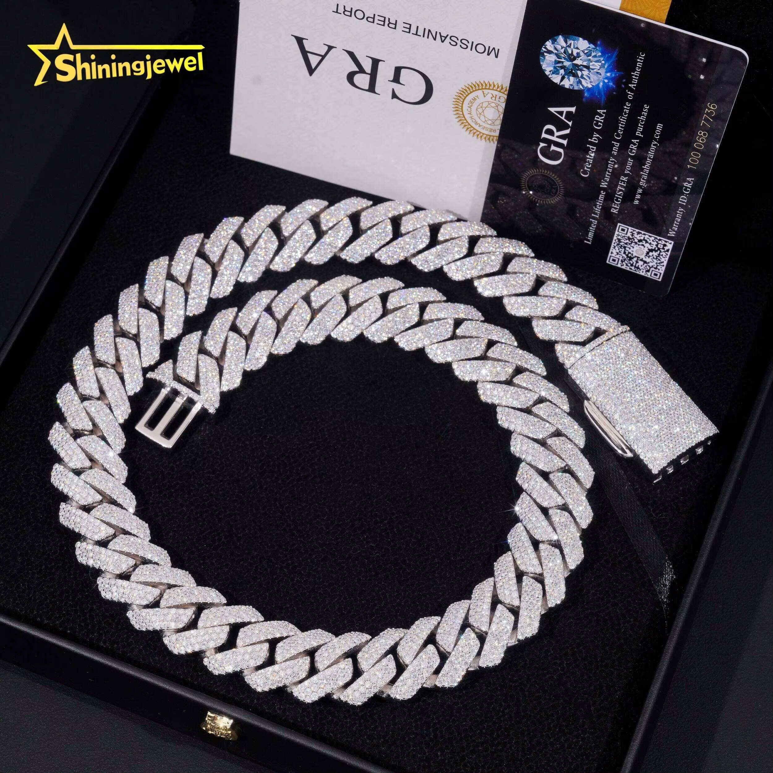 GRA Certificate Solid Hip Hop 20mm Iced Out Mens Miami 925 Silver Moissanite Cuban Link Chain