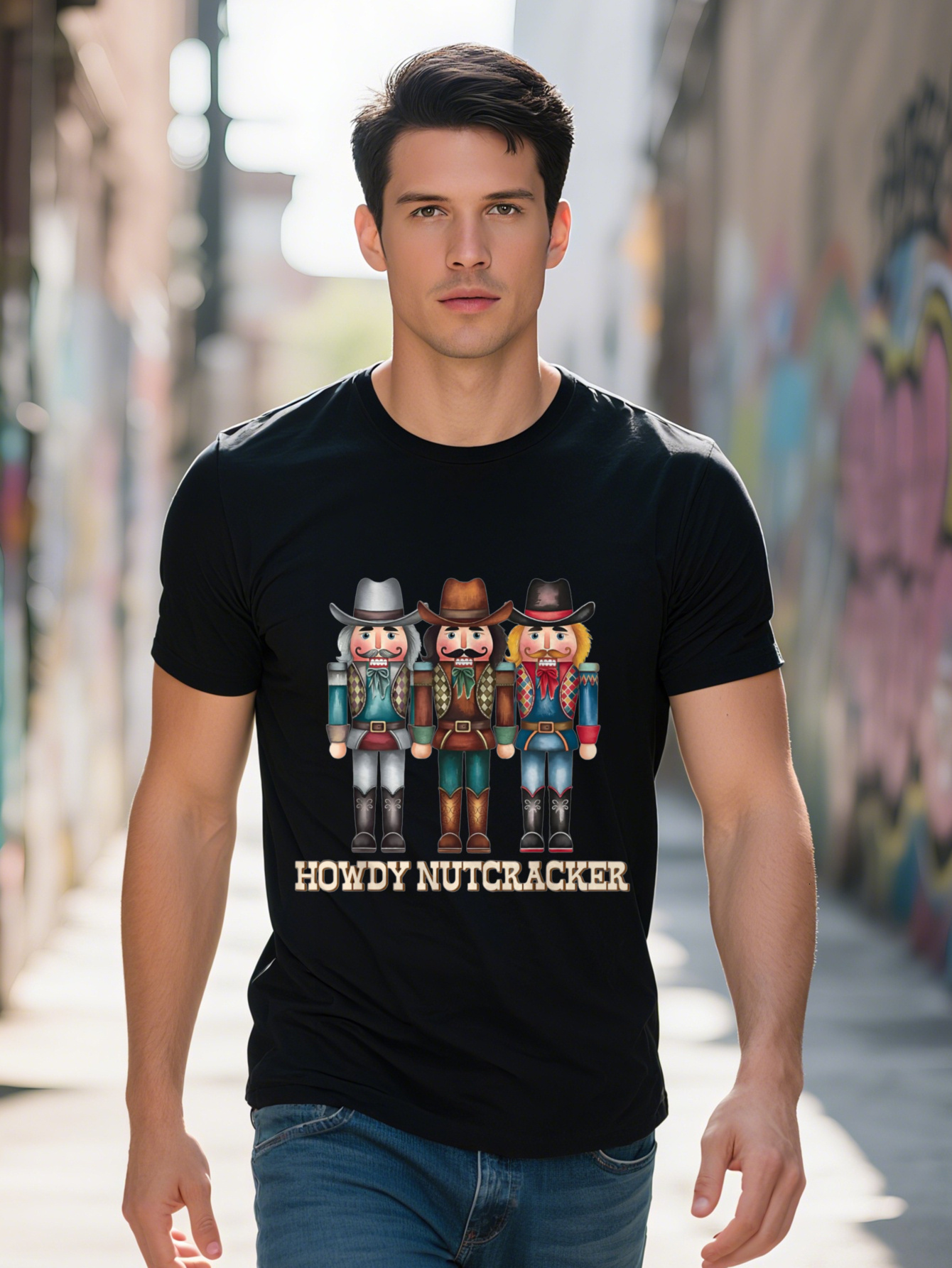 Howdy Nutcracker Cowboy Christmas Pattern T-Shirt for Men and Women - 100% Cotton Short Sleeve Casual Cartoon Regular Fit, Machine Washable, Western T
