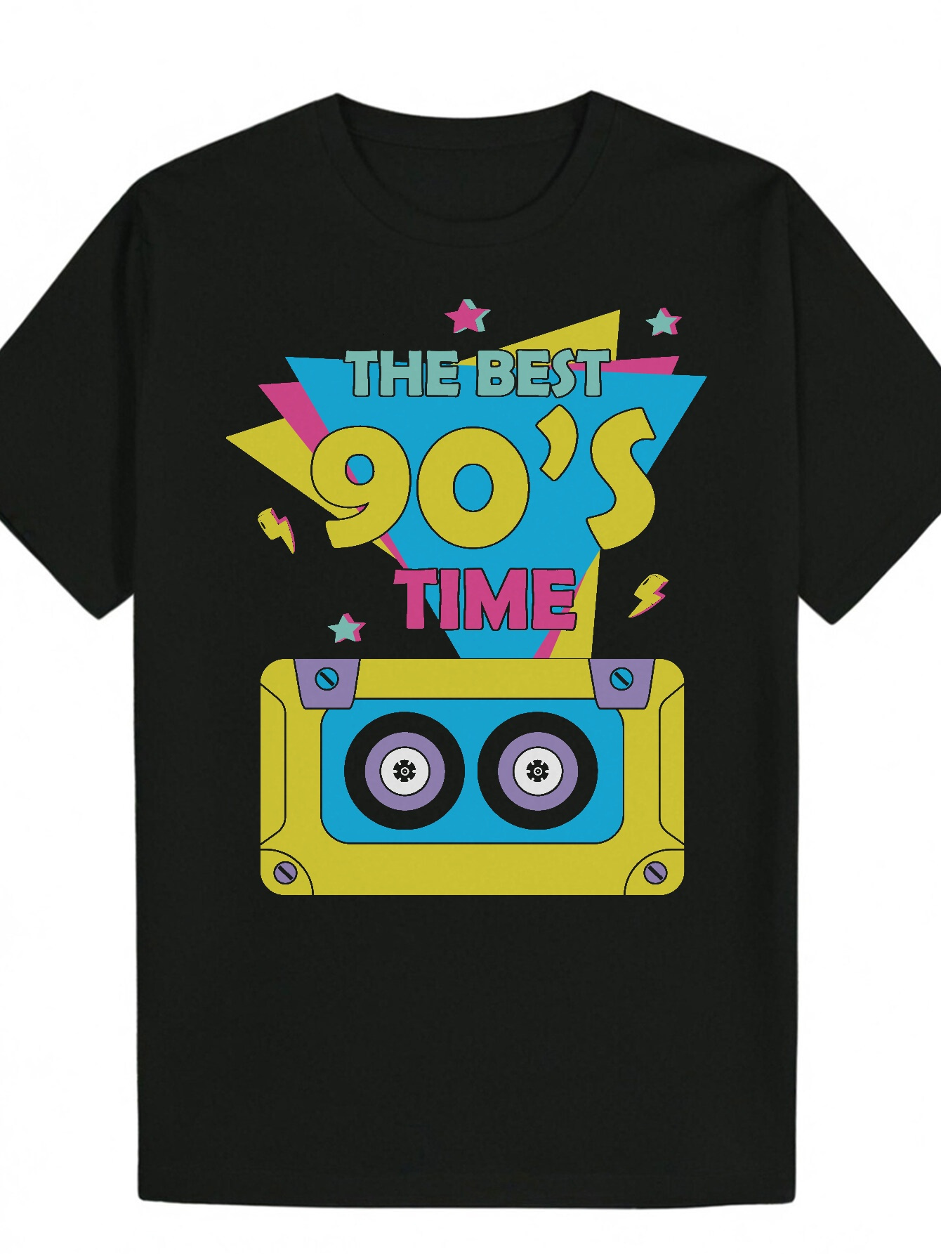 90s Graphic for Men-Casual Crew Short Sleeve T-Shirt with Vibrant Cassette Design, Summer Wear, Music Fan Clothing Round Neck Shirt | Polyester fabric