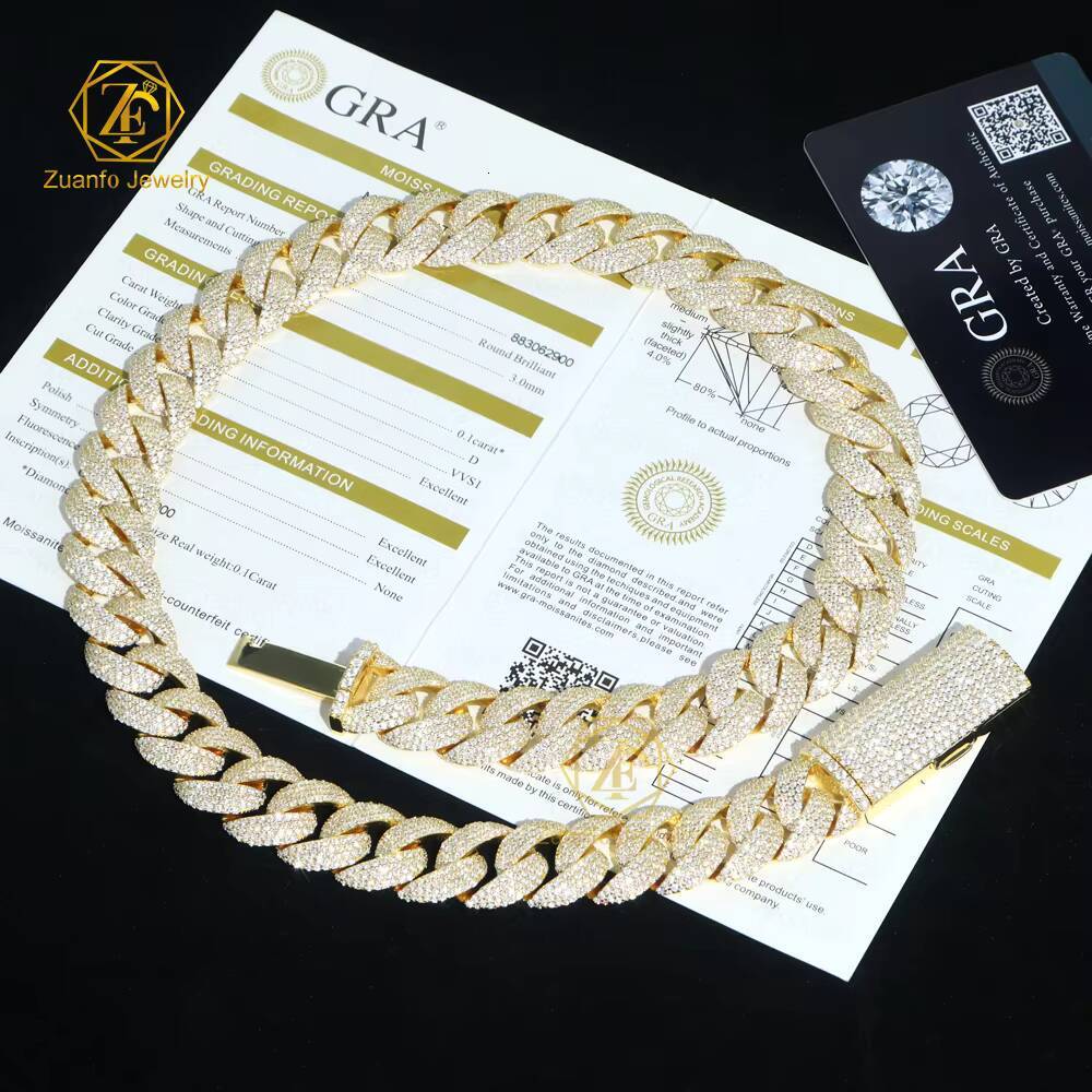 Yellow Gold 6-15mm Moissanite 4 Rows Cuban Link Necklace Miami 925 Silver Hip Hop Jewelry Moissanite Cuban Chain