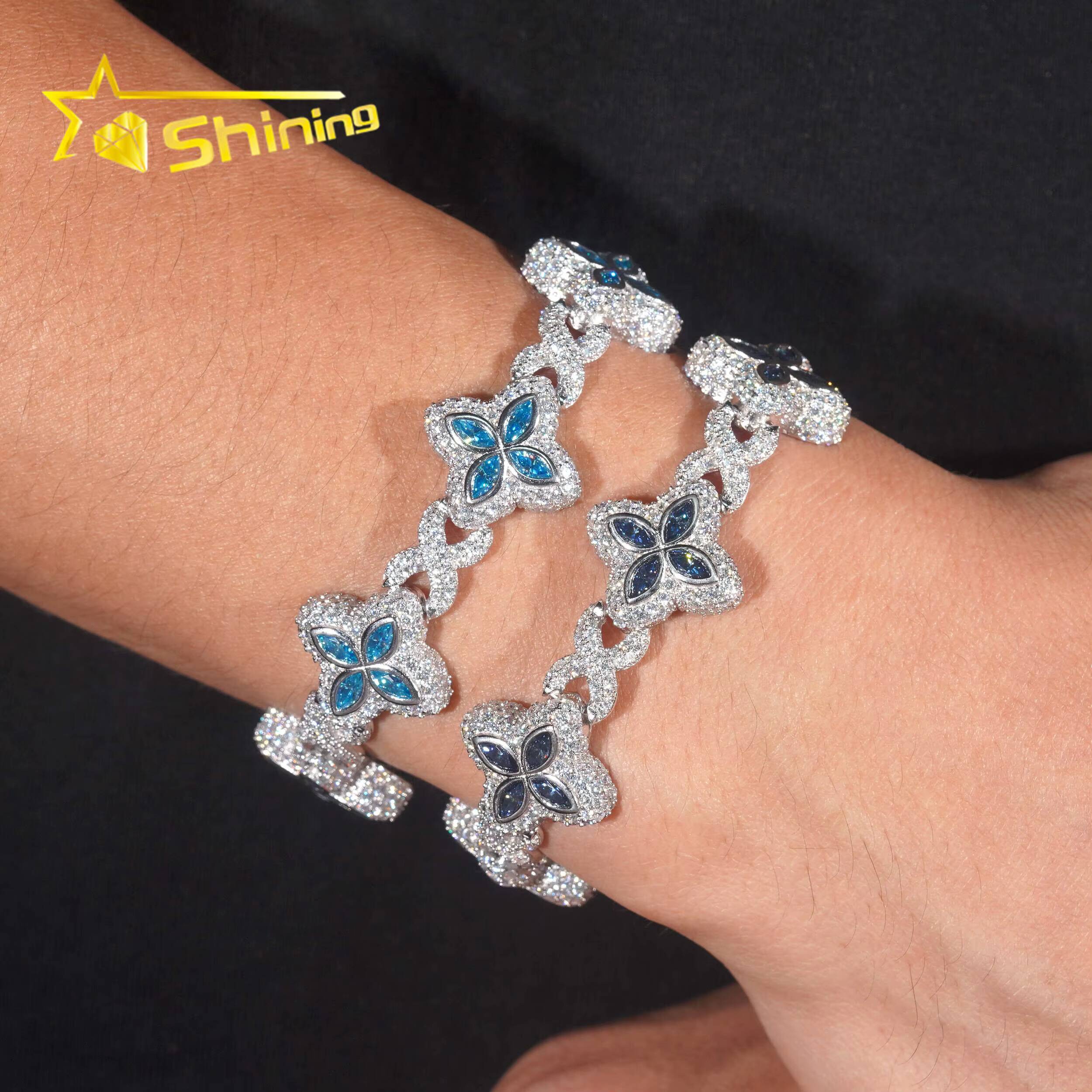 Hip Hop Jewelry 925 Silver 18mm VVS Blue Moissanite Clover Bracelet Custom Iced Out Moissanite Bracelet for Men Women