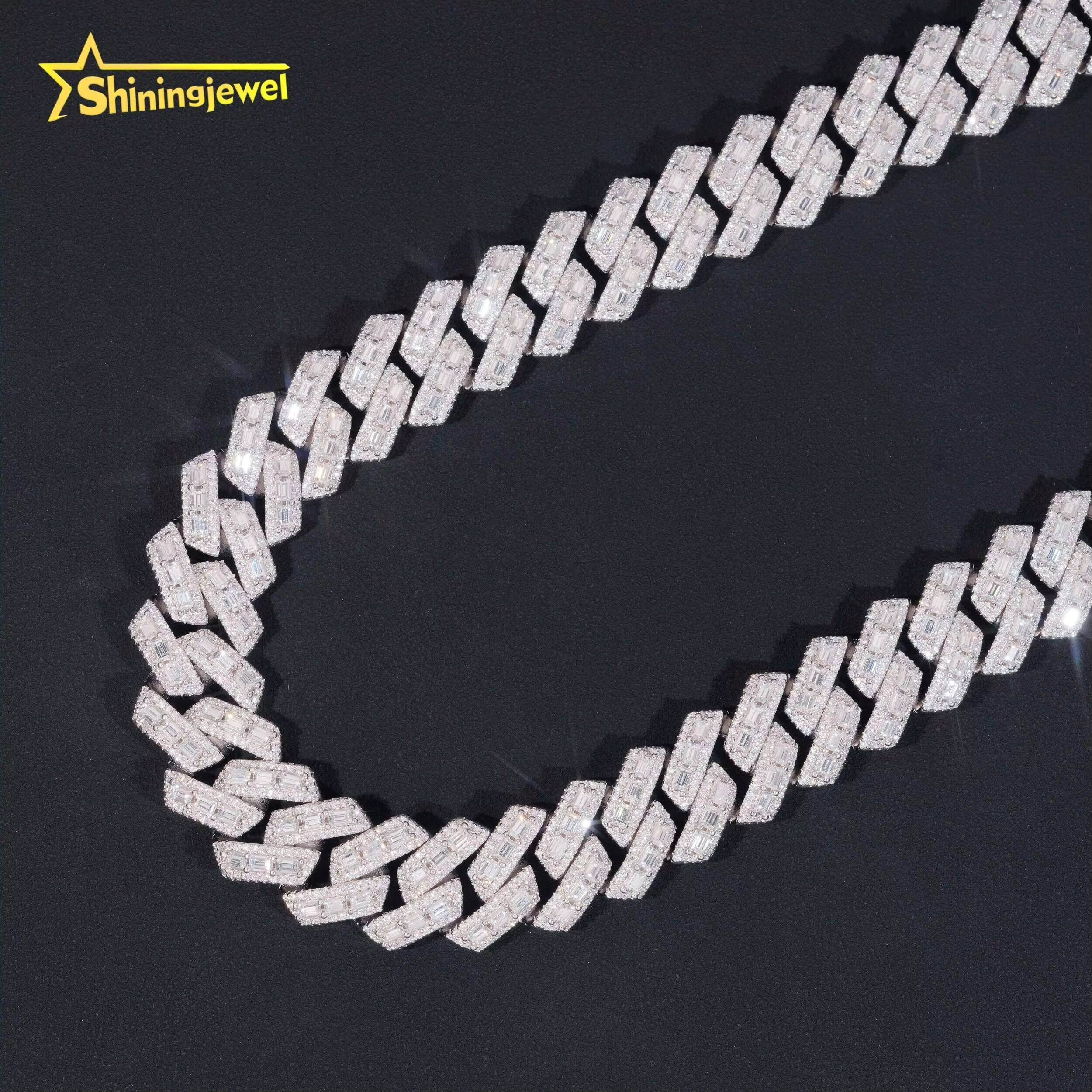 Luxury Hip Hop Fine Jewelry Heavy 18mm 925 Sterling Silver Moissanite Baguette Iced Out Cuban Link Chain Necklaces