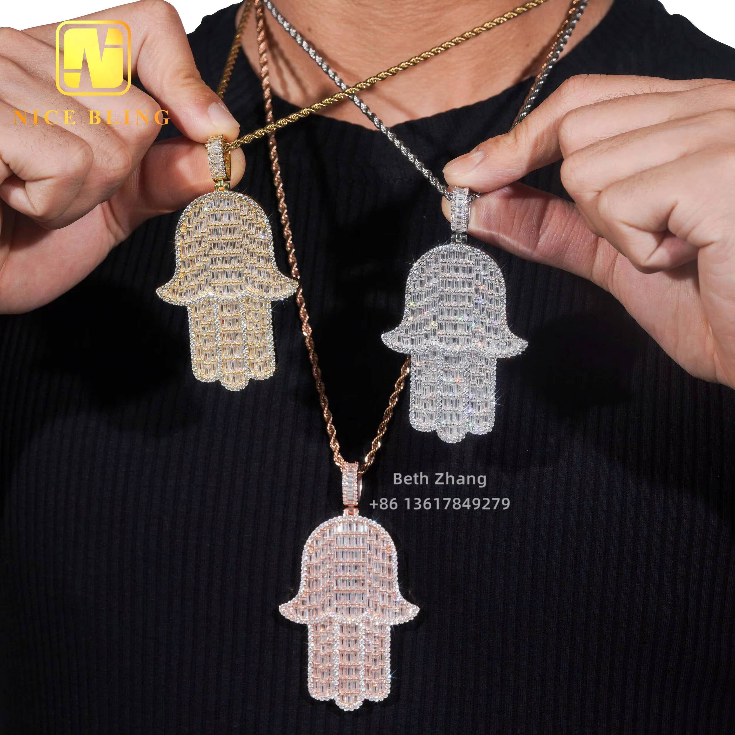 3Inch Hand Shaped Pendant Hip Hop Baguette Cut CZ Diamond Iced Out Hamsa Hand Pendant Men Brass Jewelry