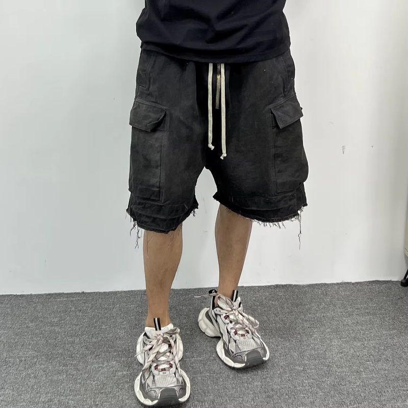 MIJKO Ro Style Ribbons Streetwear Multi-pockets Cargo Short for Men Elastic Waist Wide Leg Baggy Jeans Knee Length Pants Loose Overall