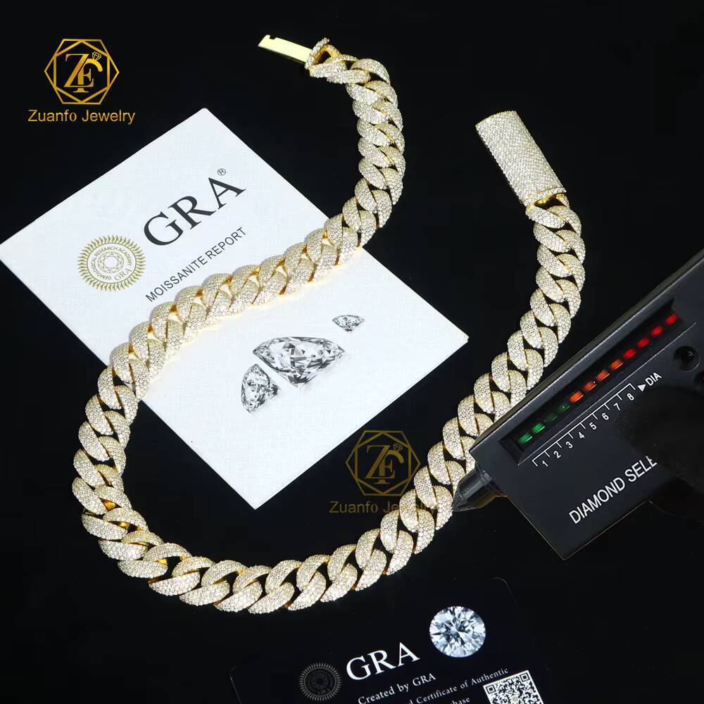 Yellow Gold 6-15mm Moissanite 4 Rows Cuban Link Necklace Miami 925 Silver Hip Hop Jewelry Moissanite Cuban Chain