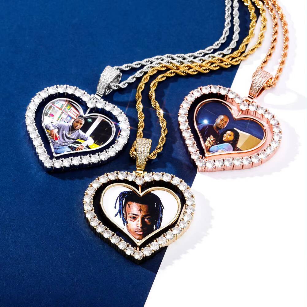 Fashion Hip Hop Memory Brass Zircon Rotatable Double Sided Heart Photo Pendant