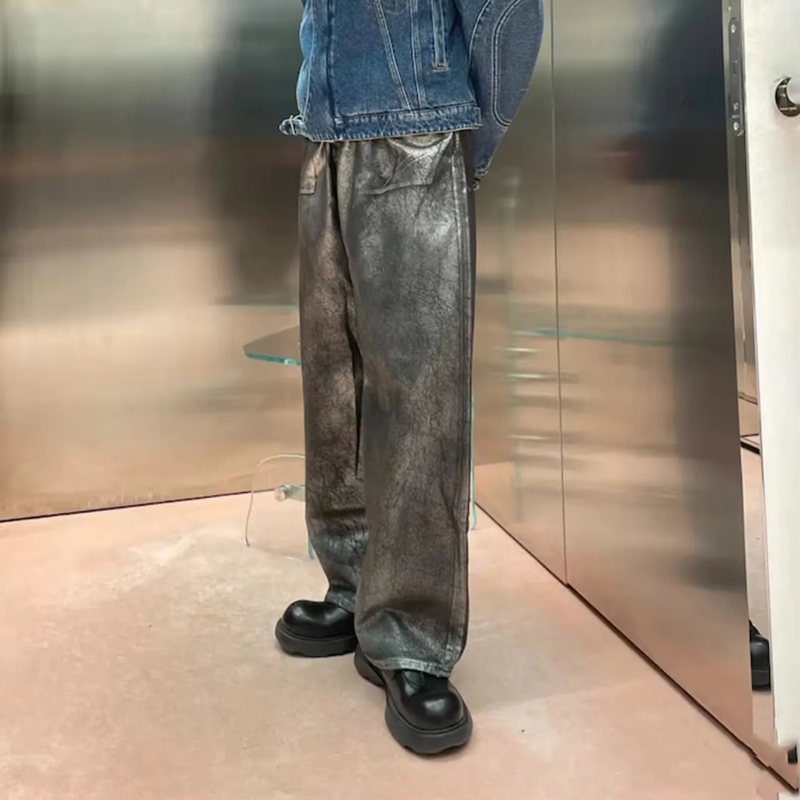 MIJKO Vintage Distressed Wax Coated Washed Baggy Jeans for Men and Women Black Casual Cargo Pants Oversized Ripped Denim Trousers