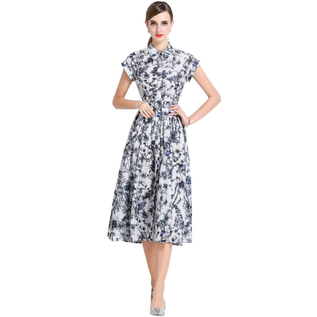 Korean chic single breasted shirt long skirt fashion celebrity temperament lapel waist halo print a line dress