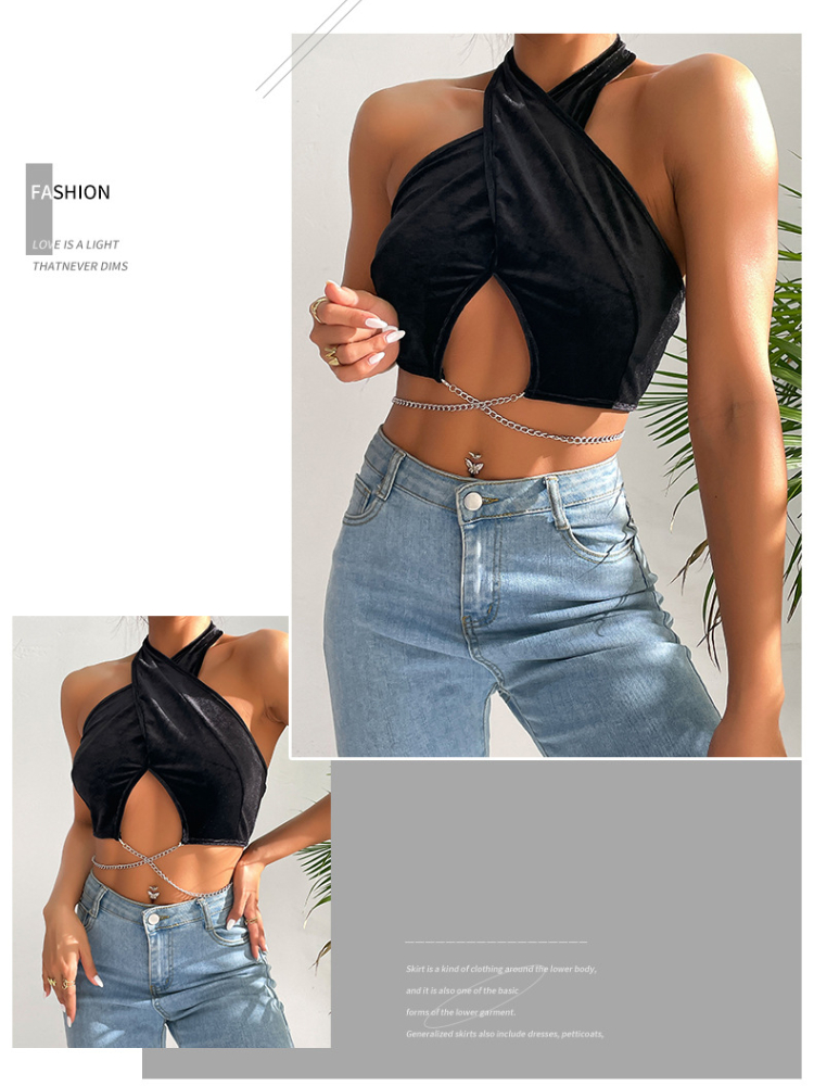 DW50010 Women's Tanks Camis Summer European and American Neck Hanging Vest Solid Color Sexy Women's Clothing Polyester Velvet Chain