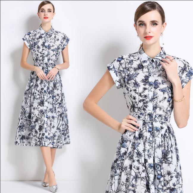 Korean chic single breasted shirt long skirt fashion celebrity temperament lapel waist halo print a line dress