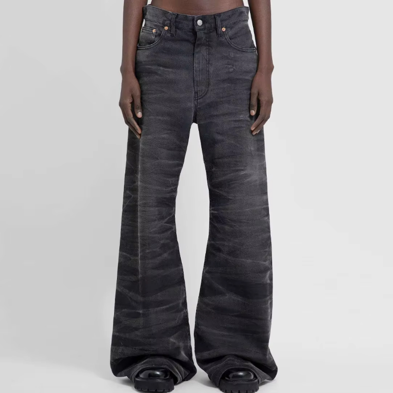 MIJKO Streetwear Washed Water Wave Patterned Micro Flared Jeans for Men Straight Pantalones Hombre Casual Baggy Denim Trousers