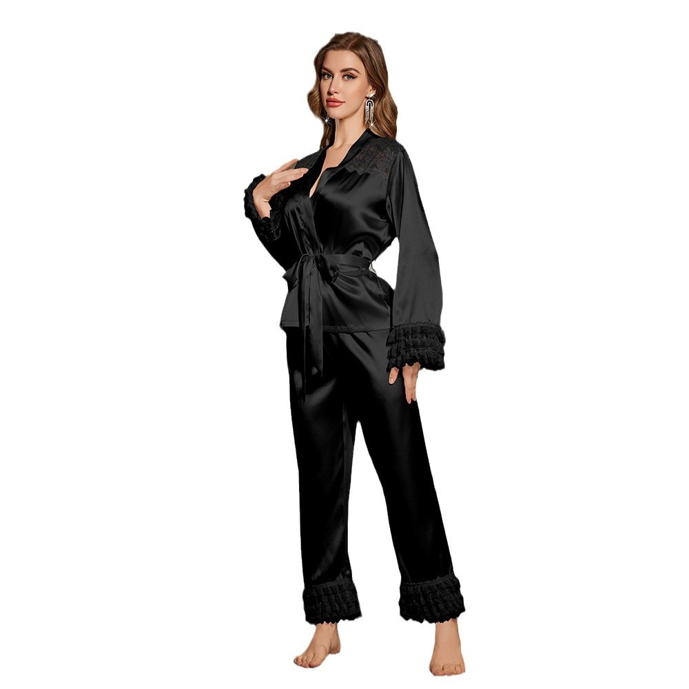 Outfits For Woman Luxury midnight new style pajama set for spring and autumn with lace ice silk lace cuffs long sleeves long pants