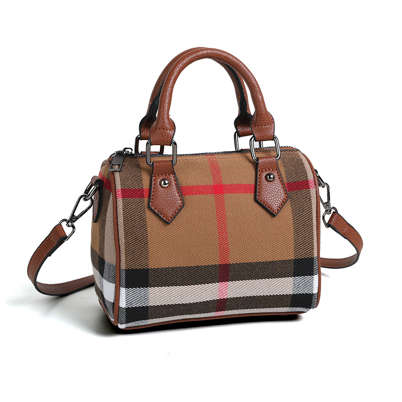 2025 Canvas Checkered Genuine Leather Boston Pillow Bag High - end Fashionable Versatile Handbag Stylish Women's Shoulder and Cross - body Bag