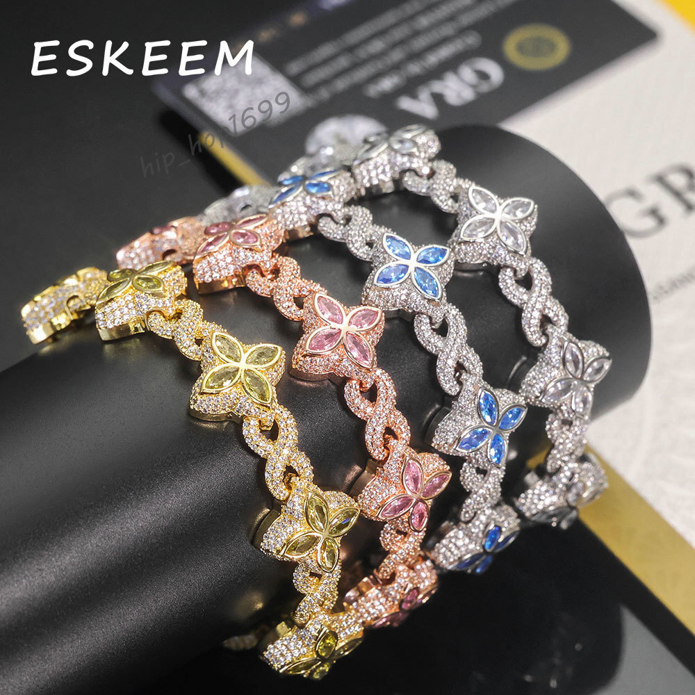 Hip Hop VVS Moissanite Cuban Bracelet 925 Sterling Silver Multi Color Flower Design Iced Out Chain Bracelet Jewelry for Women