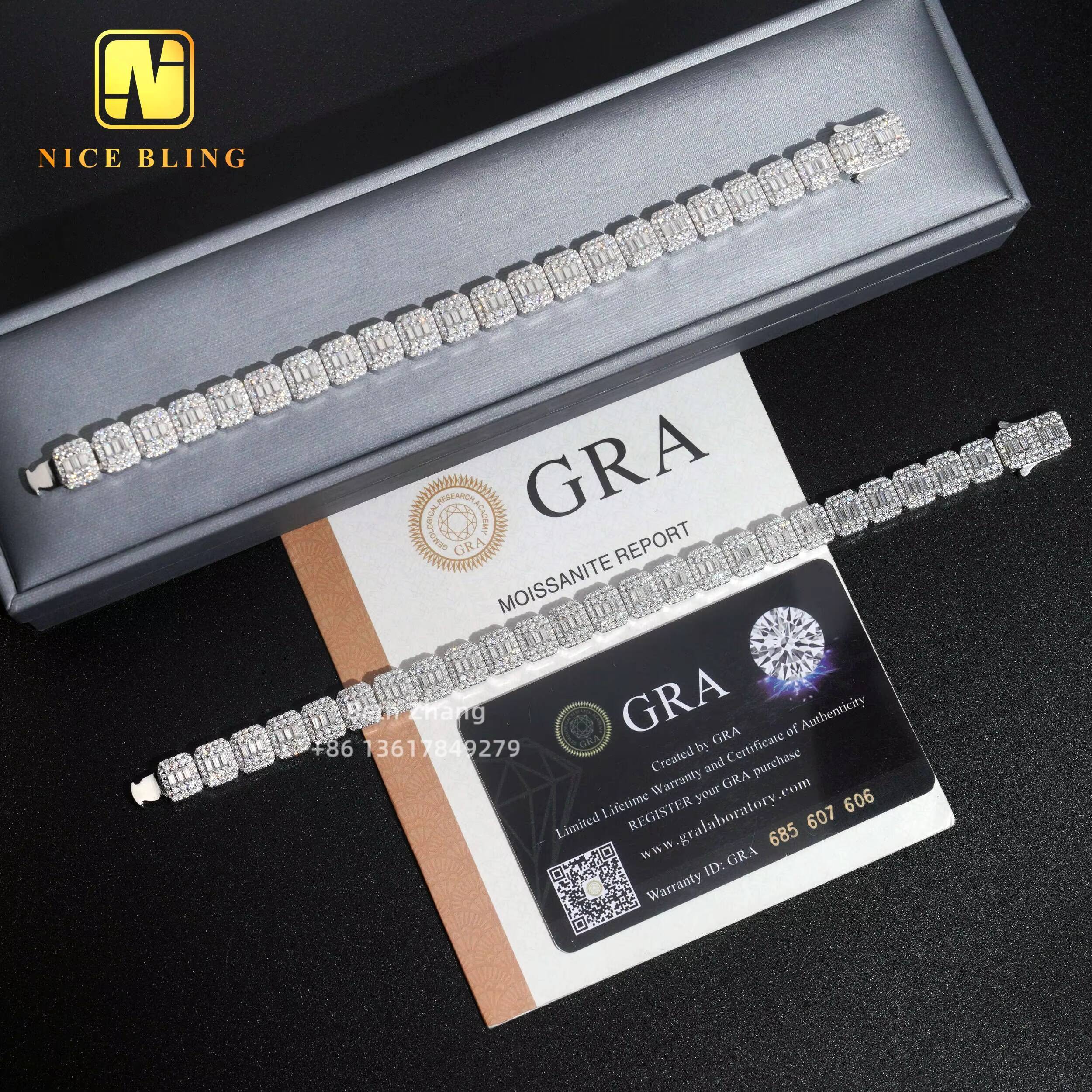 Baguette Moissanite Cuban Bracelet Fashion Hip Hop Iced Out Jewelry 9mm VVS Moissanite Diamond Cuban Link Chain Bracelet for Men