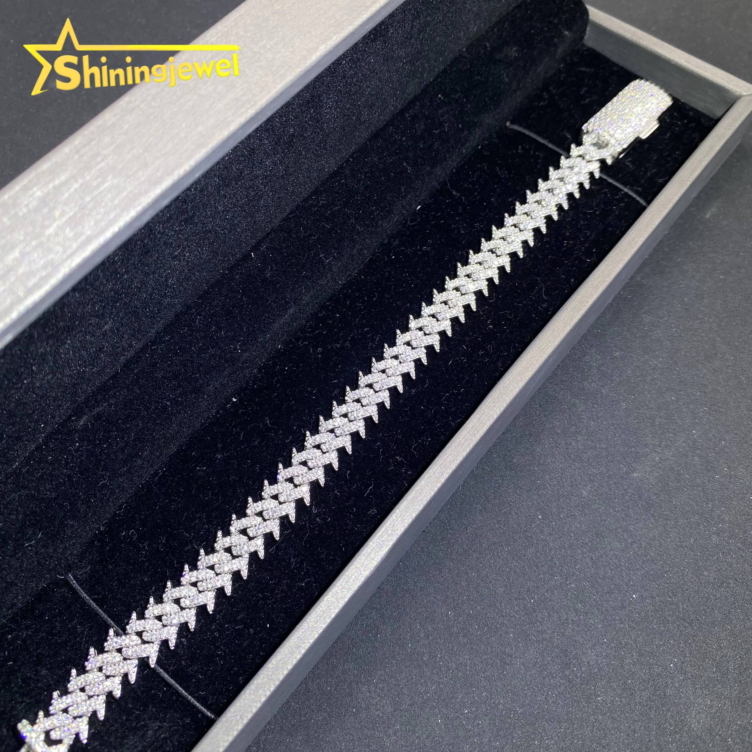 Hot Sale 10mm 925 Silver Cuban Link Chain VVS D Moissanite Iced Out Diamond Jewelry Thorn Design Miami Cuban Bracelet