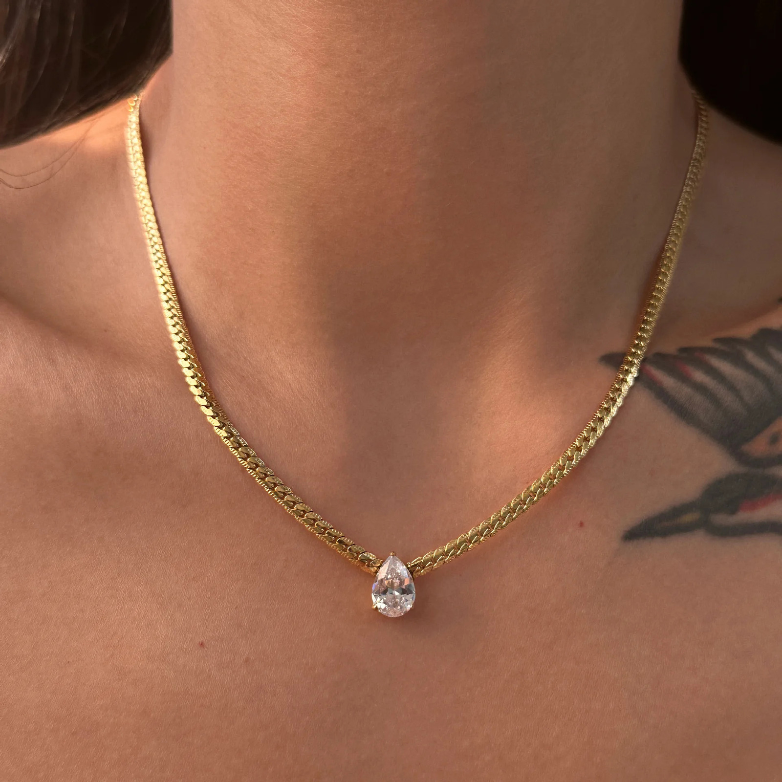 Arrival 18k Gold Plated Waterproof Stainless Steel Waterdrop Droplet Shaped Zircon Pendant Chain Necklace YF4036 250729