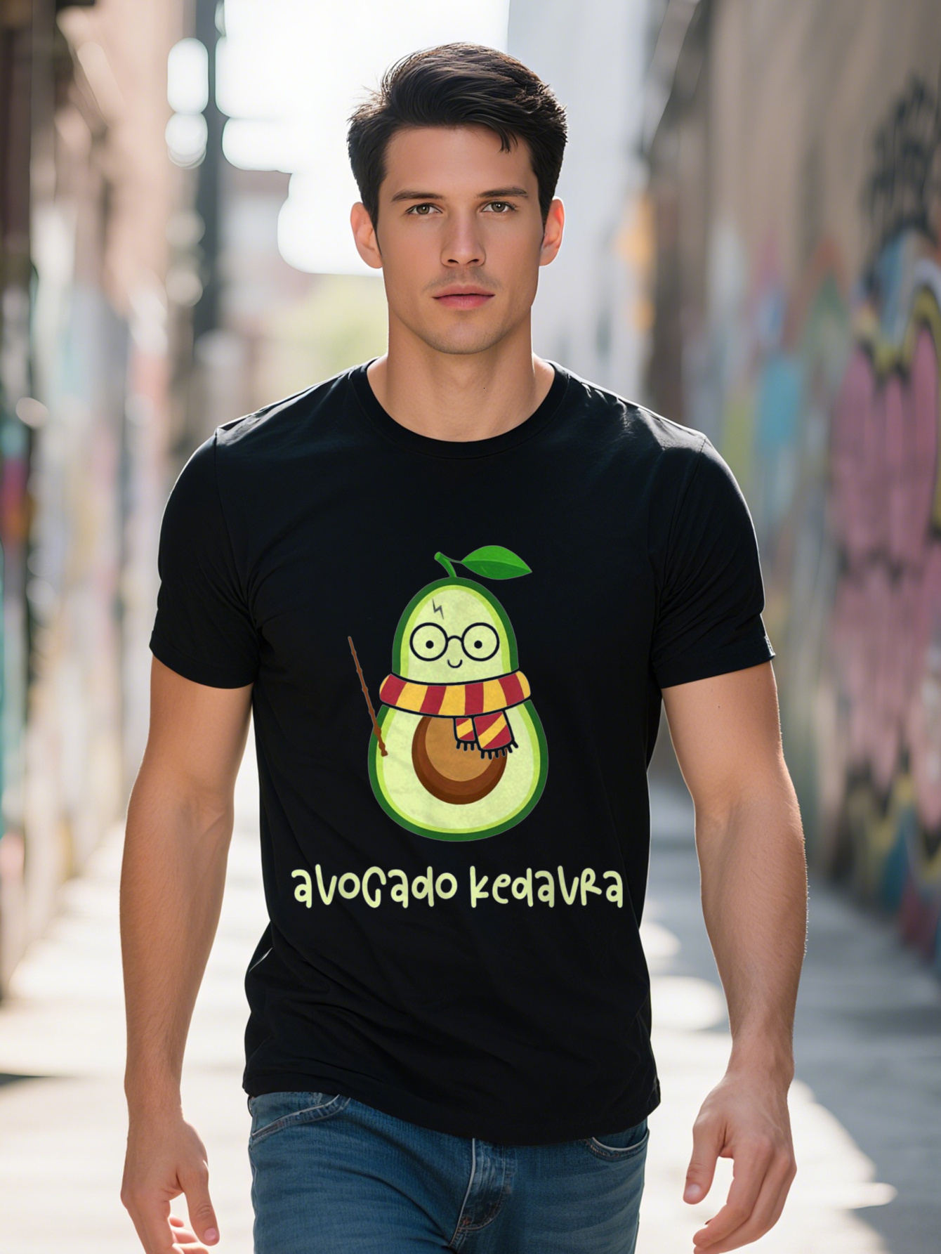 Men's 220g 100% Cotton - Fun Avocado Kedavra Wizard Pun Pattern T-Shirt with Cartoon Avogadro Design, Regular Fit Short Sleeve Crew Neck Shirt, S