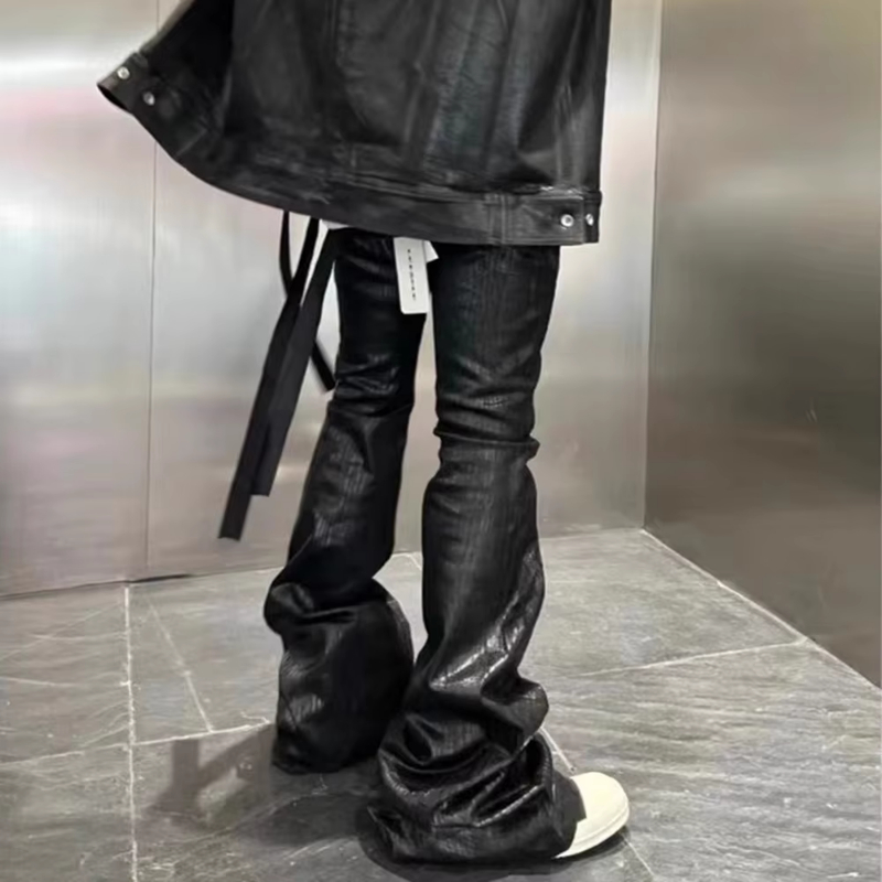 MIJKO Streetwear Black Wax Leather Strecth Jeans for Men Baggy Y2k Flare Pants Oversized Straight Denim Trousers